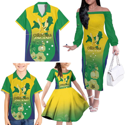 Personalised Australia Christmas Island Family Matching Off The Shoulder Long Sleeve Dress and Hawaiian Shirt Golden Bosun Abutilon listeri With Map - Aussie Hoodie