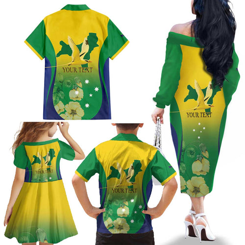 Personalised Australia Christmas Island Family Matching Off The Shoulder Long Sleeve Dress and Hawaiian Shirt Golden Bosun Abutilon listeri With Map - Aussie Hoodie