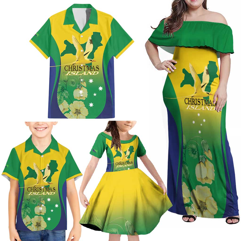 Personalised Australia Christmas Island Family Matching Off Shoulder Maxi Dress and Hawaiian Shirt Golden Bosun Abutilon listeri With Map - Aussie Hoodie