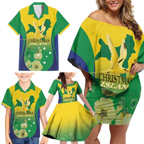 Personalised Australia Christmas Island Family Matching Off Shoulder Short Dress and Hawaiian Shirt Golden Bosun Abutilon listeri With Map - Aussie Hoodie