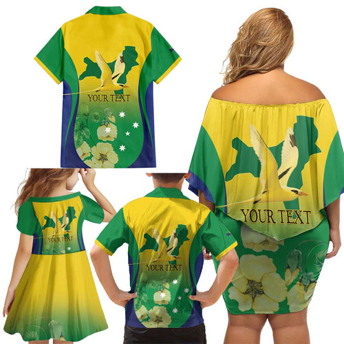 Personalised Australia Christmas Island Family Matching Off Shoulder Short Dress and Hawaiian Shirt Golden Bosun Abutilon listeri With Map - Aussie Hoodie