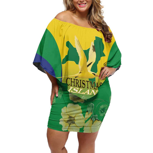 Personalised Australia Christmas Island Family Matching Off Shoulder Short Dress and Hawaiian Shirt Golden Bosun Abutilon listeri With Map - Aussie Hoodie