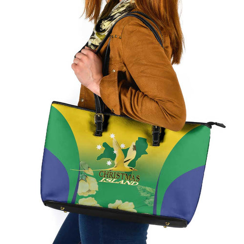 Australia Christmas Island Leather Tote Bag Golden Bosun Abutilon listeri With Map - Aussie Hoodie
