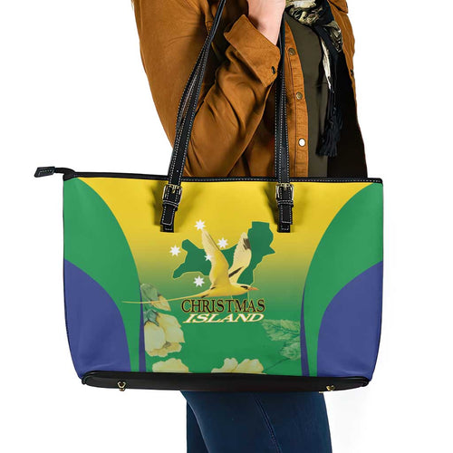 Australia Christmas Island Leather Tote Bag Golden Bosun Abutilon listeri With Map - Aussie Hoodie