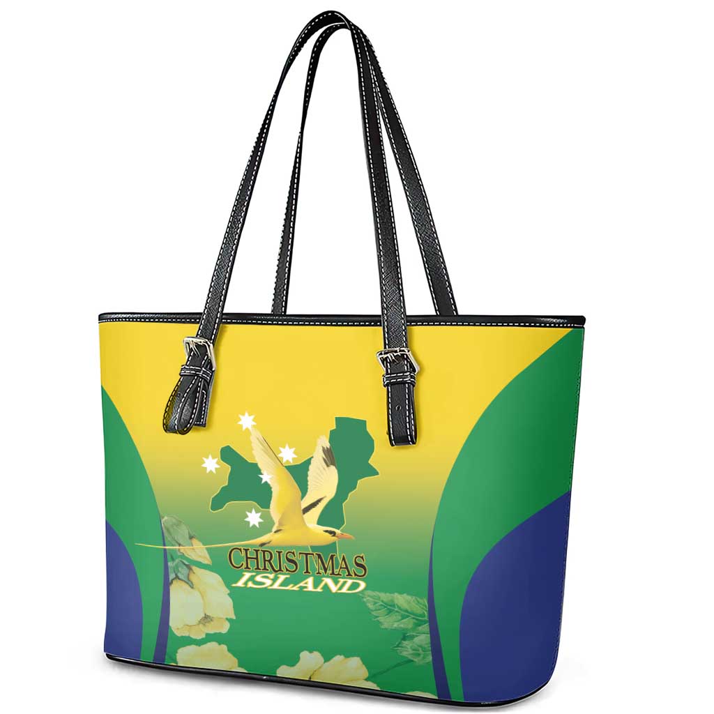 Australia Christmas Island Leather Tote Bag Golden Bosun Abutilon listeri With Map - Aussie Hoodie