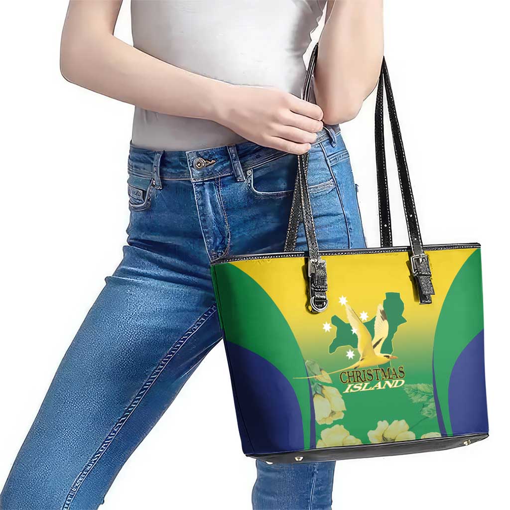 Australia Christmas Island Leather Tote Bag Golden Bosun Abutilon listeri With Map - Aussie Hoodie