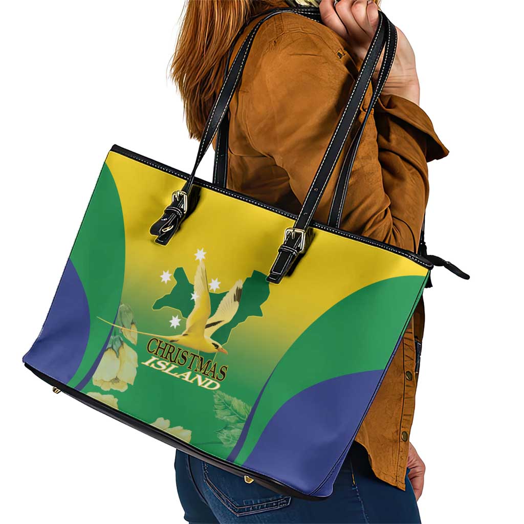 Australia Christmas Island Leather Tote Bag Golden Bosun Abutilon listeri With Map - Aussie Hoodie