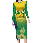 Personalised Australia Christmas Island Long Sleeve Bodycon Dress Golden Bosun Abutilon listeri With Map - Aussie Hoodie