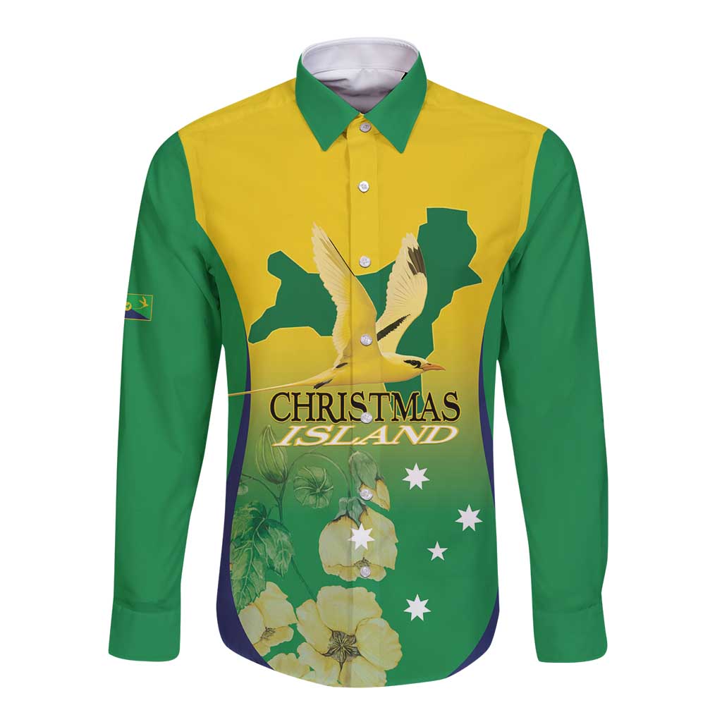 Personalised Australia Christmas Island Long Sleeve Button Shirt Golden Bosun Abutilon listeri With Map - Aussie Hoodie