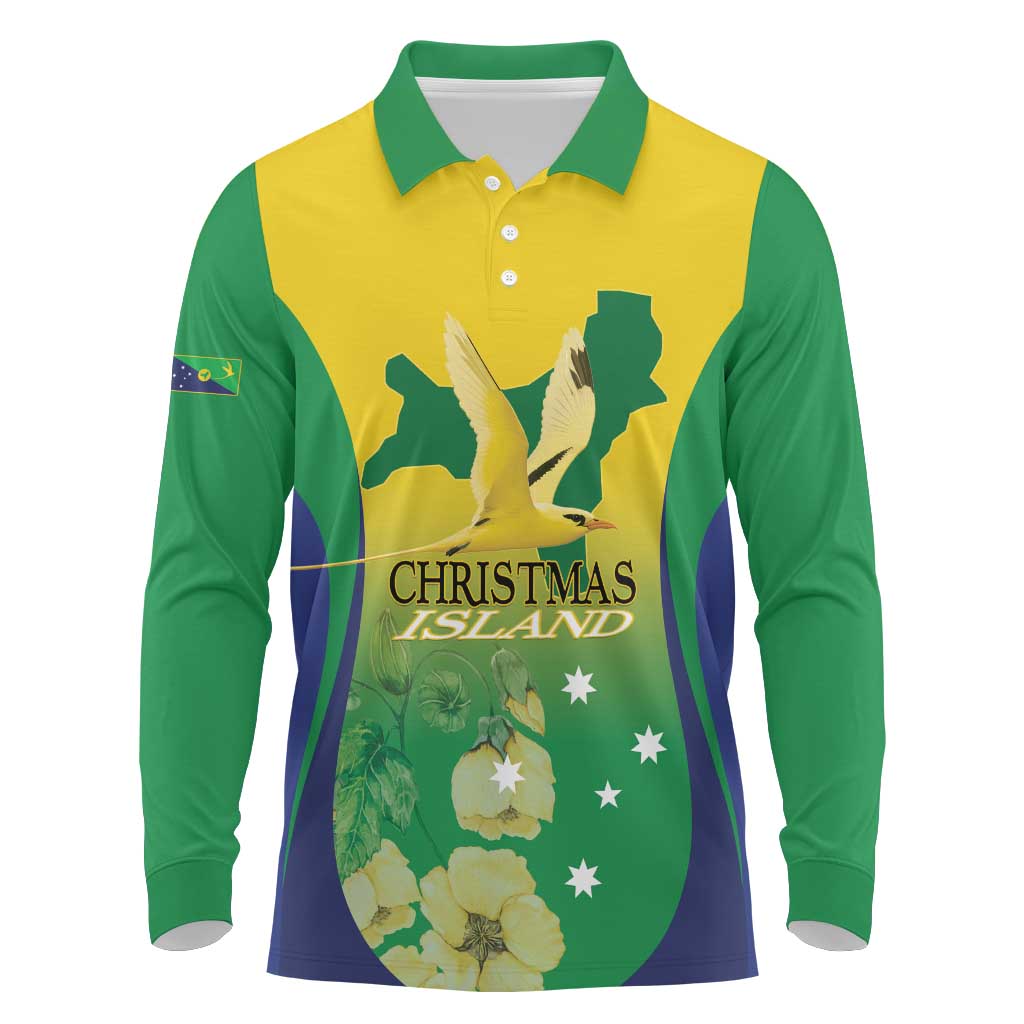 Personalised Australia Christmas Island Long Sleeve Polo Shirt Golden Bosun Abutilon listeri With Map - Aussie Hoodie