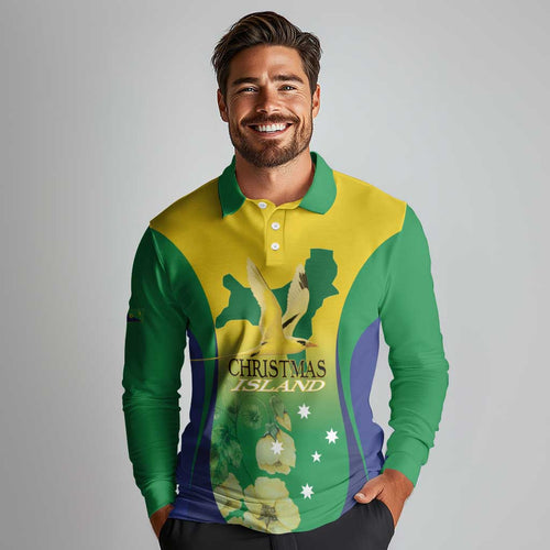 Personalised Australia Christmas Island Long Sleeve Polo Shirt Golden Bosun Abutilon listeri With Map - Aussie Hoodie