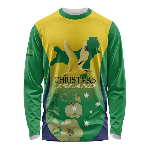 Personalised Australia Christmas Island Long Sleeve Shirt Golden Bosun Abutilon listeri With Map - Aussie Hoodie