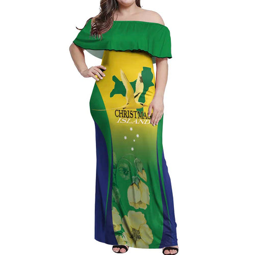 Personalised Australia Christmas Island Off Shoulder Maxi Dress Golden Bosun Abutilon listeri With Map - Aussie Hoodie