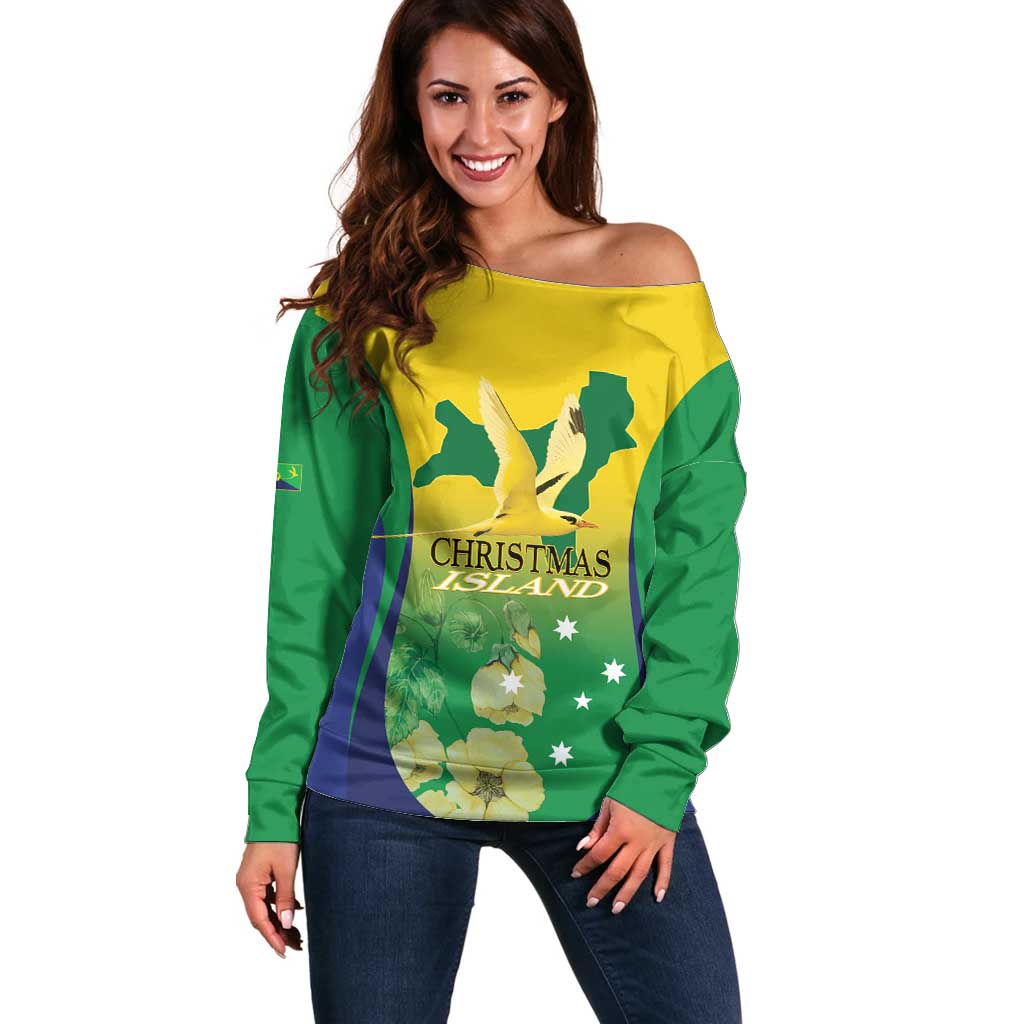 Personalised Australia Christmas Island Off Shoulder Sweater Golden Bosun Abutilon listeri With Map - Aussie Hoodie