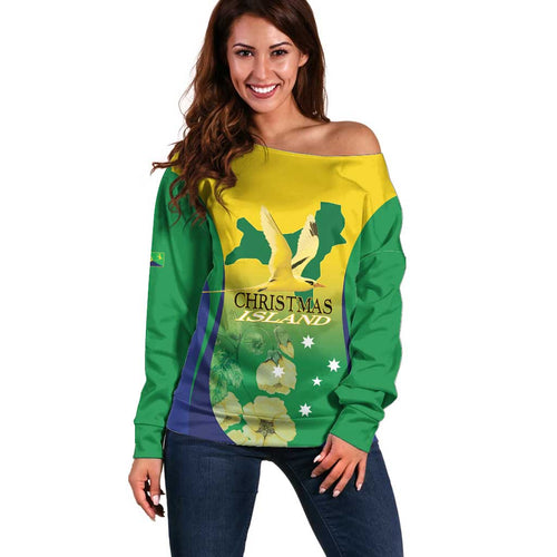 Personalised Australia Christmas Island Off Shoulder Sweater Golden Bosun Abutilon listeri With Map - Aussie Hoodie