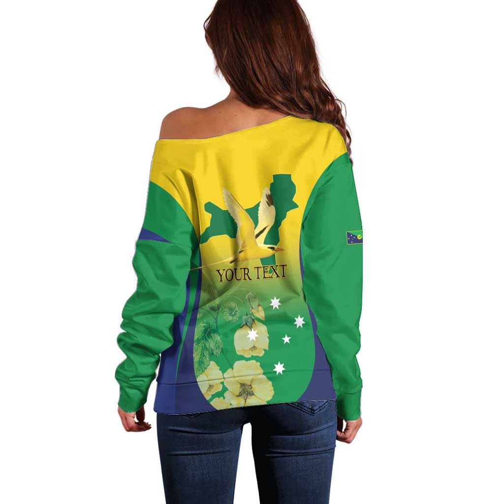 Personalised Australia Christmas Island Off Shoulder Sweater Golden Bosun Abutilon listeri With Map - Aussie Hoodie