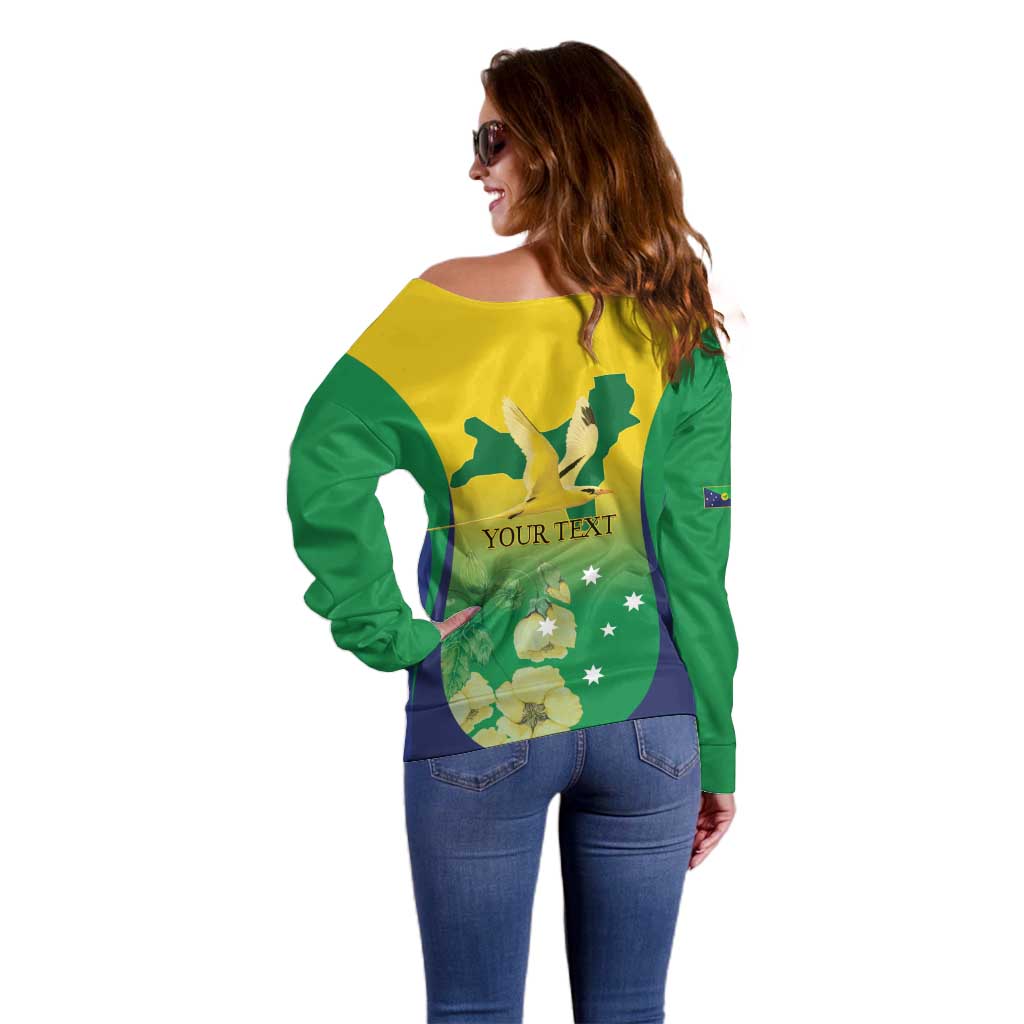 Personalised Australia Christmas Island Off Shoulder Sweater Golden Bosun Abutilon listeri With Map - Aussie Hoodie
