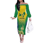 Personalised Australia Christmas Island Off The Shoulder Long Sleeve Dress Golden Bosun Abutilon listeri With Map - Aussie Hoodie