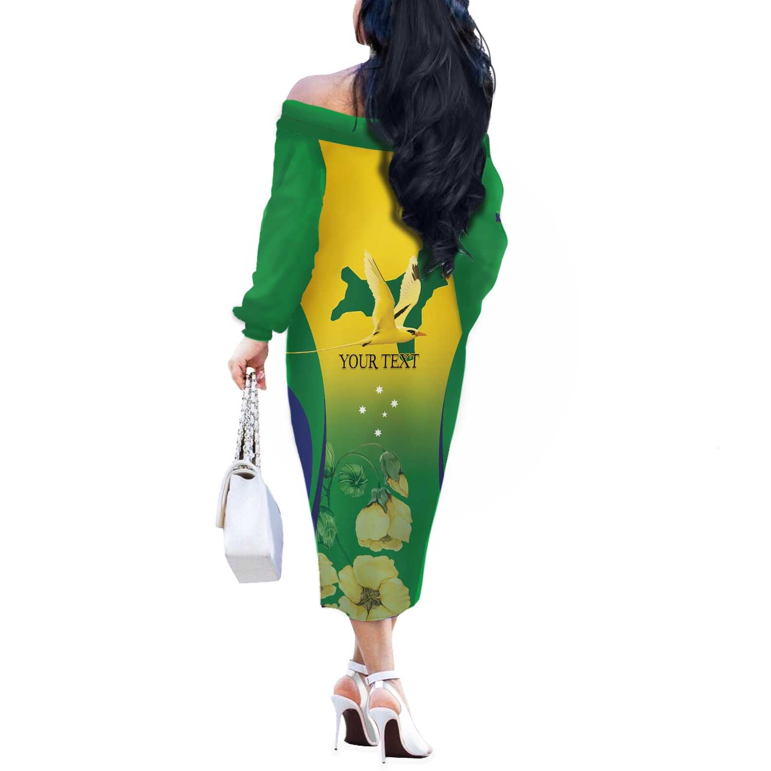Personalised Australia Christmas Island Off The Shoulder Long Sleeve Dress Golden Bosun Abutilon listeri With Map - Aussie Hoodie
