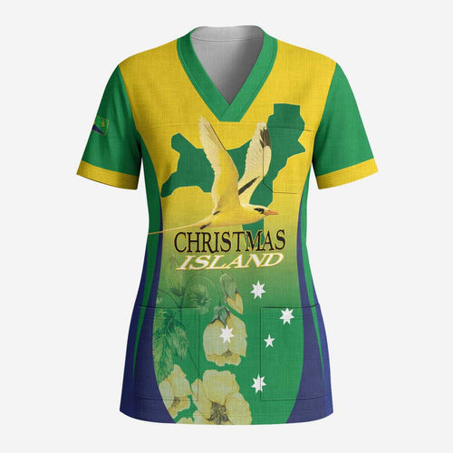 Personalised Australia Christmas Island Scrub Top Golden Bosun Abutilon listeri With Map - Aussie Hoodie