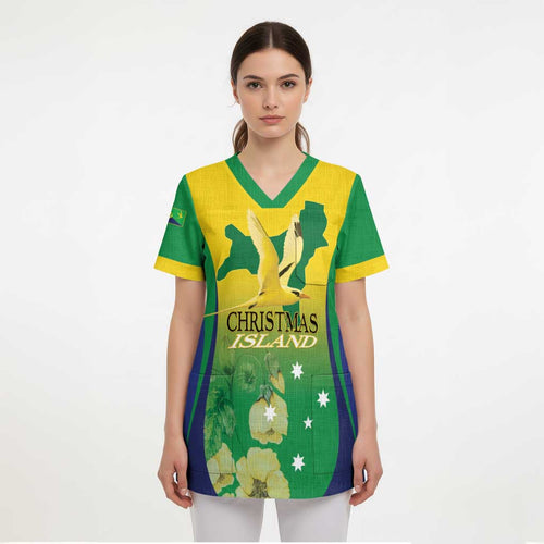 Personalised Australia Christmas Island Scrub Top Golden Bosun Abutilon listeri With Map - Aussie Hoodie