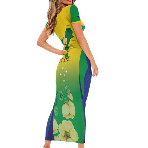 Personalised Australia Christmas Island Short Sleeve Bodycon Dress Golden Bosun Abutilon listeri With Map - Aussie Hoodie