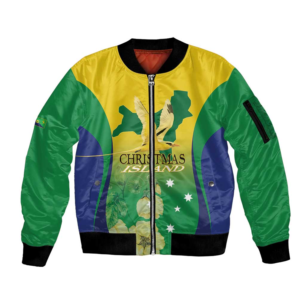 Personalised Australia Christmas Island Sleeve Zip Bomber Jacket Golden Bosun Abutilon listeri With Map - Aussie Hoodie