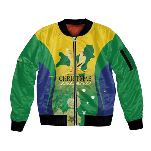 Personalised Australia Christmas Island Sleeve Zip Bomber Jacket Golden Bosun Abutilon listeri With Map - Aussie Hoodie