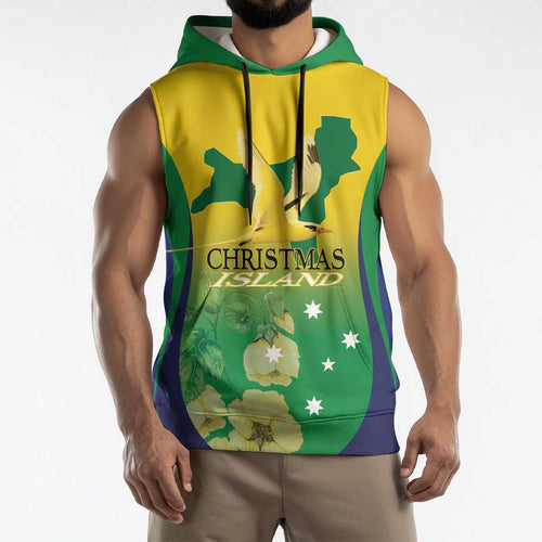 Personalised Australia Christmas Island Sleeveless Hoodie Golden Bosun Abutilon listeri With Map - Aussie Hoodie