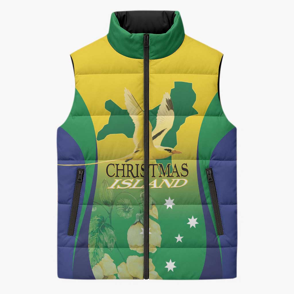 Personalised Australia Christmas Island Sleeveless Puffer Jacket Golden Bosun Abutilon listeri With Map - Aussie Hoodie