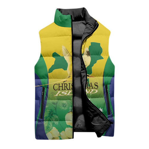 Personalised Australia Christmas Island Sleeveless Puffer Jacket Golden Bosun Abutilon listeri With Map - Aussie Hoodie