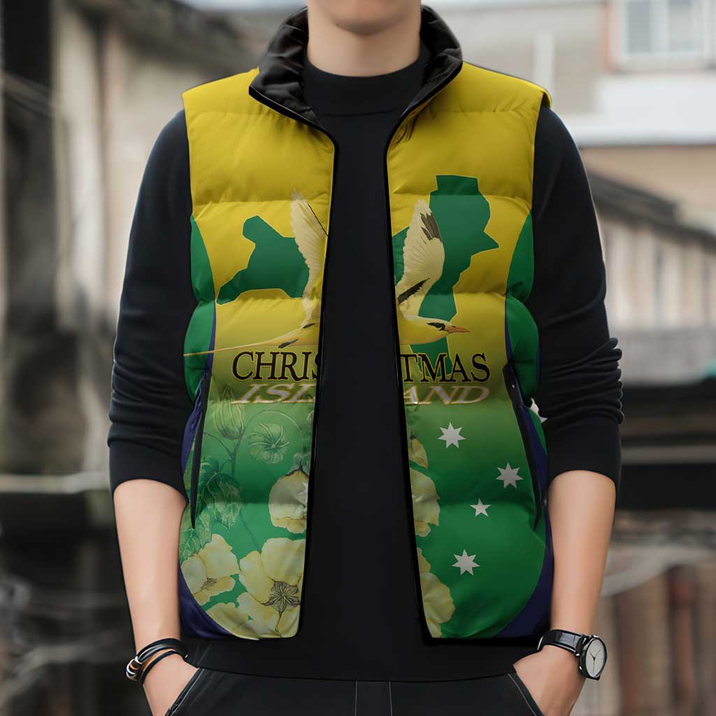 Personalised Australia Christmas Island Sleeveless Puffer Jacket Golden Bosun Abutilon listeri With Map - Aussie Hoodie