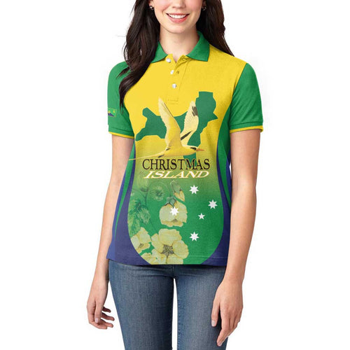 Personalised Australia Christmas Island Women Polo Shirt Golden Bosun Abutilon listeri With Map - Aussie Hoodie