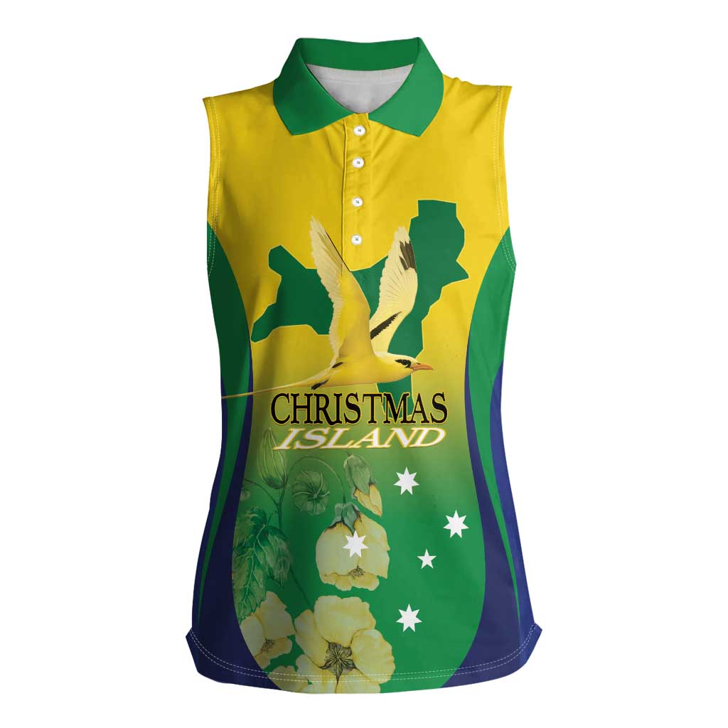 Personalised Australia Christmas Island Women Sleeveless Polo Shirt Golden Bosun Abutilon listeri With Map - Aussie Hoodie
