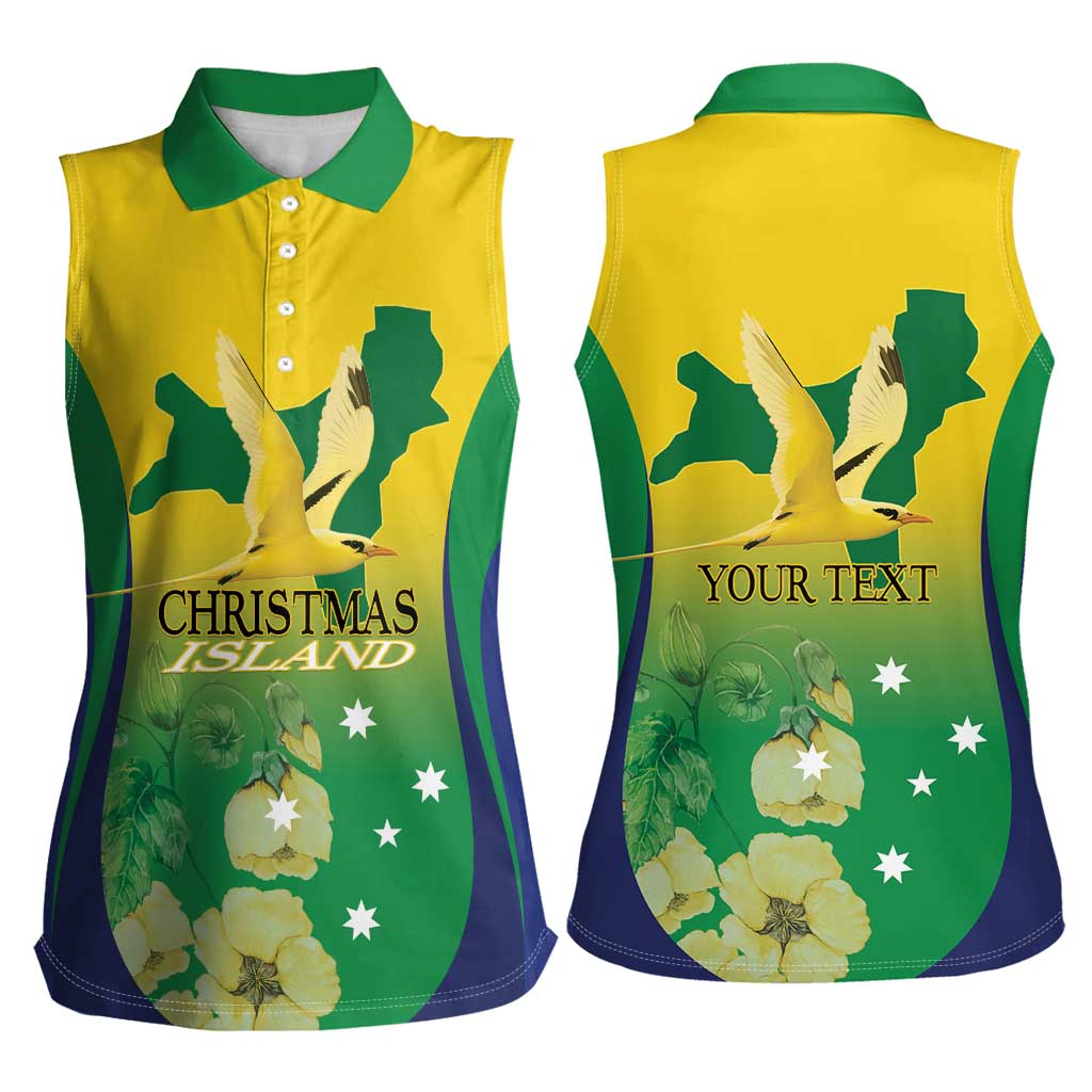 Personalised Australia Christmas Island Women Sleeveless Polo Shirt Golden Bosun Abutilon listeri With Map - Aussie Hoodie
