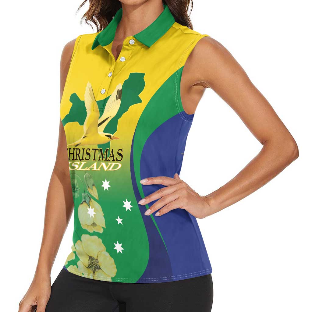 Personalised Australia Christmas Island Women Sleeveless Polo Shirt Golden Bosun Abutilon listeri With Map - Aussie Hoodie