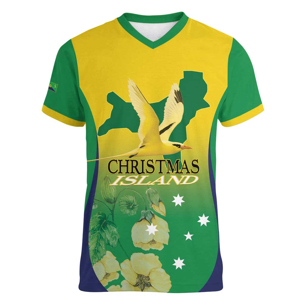 Personalised Australia Christmas Island Women V-Neck T-Shirt Golden Bosun Abutilon listeri With Map - Aussie Hoodie