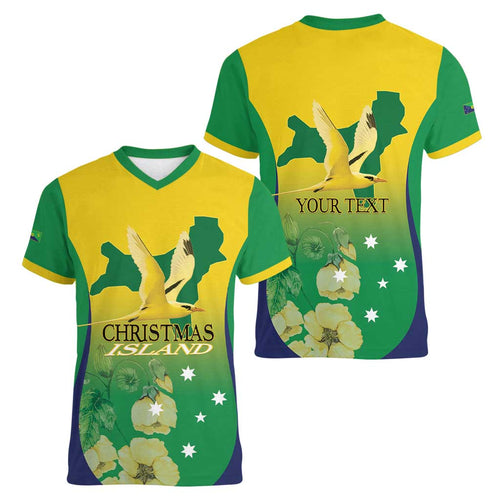 Personalised Australia Christmas Island Women V-Neck T-Shirt Golden Bosun Abutilon listeri With Map - Aussie Hoodie