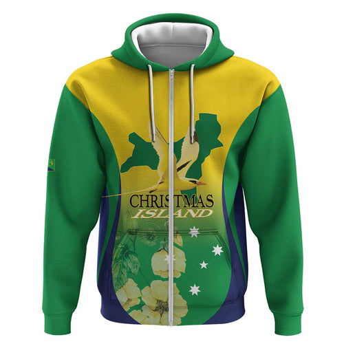 Personalised Australia Christmas Island Zip Hoodie Golden Bosun Abutilon listeri With Map - Aussie Hoodie