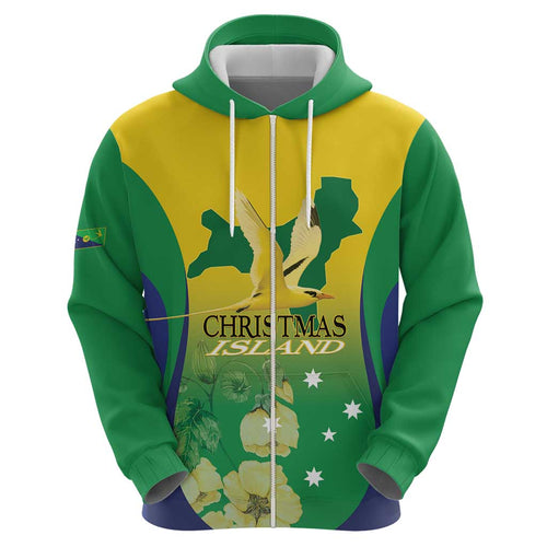 Personalised Australia Christmas Island Zip Hoodie Golden Bosun Abutilon listeri With Map - Aussie Hoodie