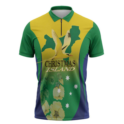 Personalised Australia Christmas Island Zipper Polo Shirt Golden Bosun Abutilon listeri With Map - Aussie Hoodie