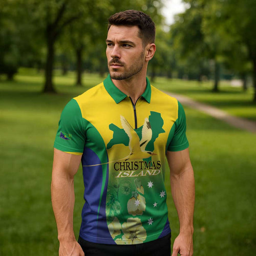 Personalised Australia Christmas Island Zipper Polo Shirt Golden Bosun Abutilon listeri With Map - Aussie Hoodie