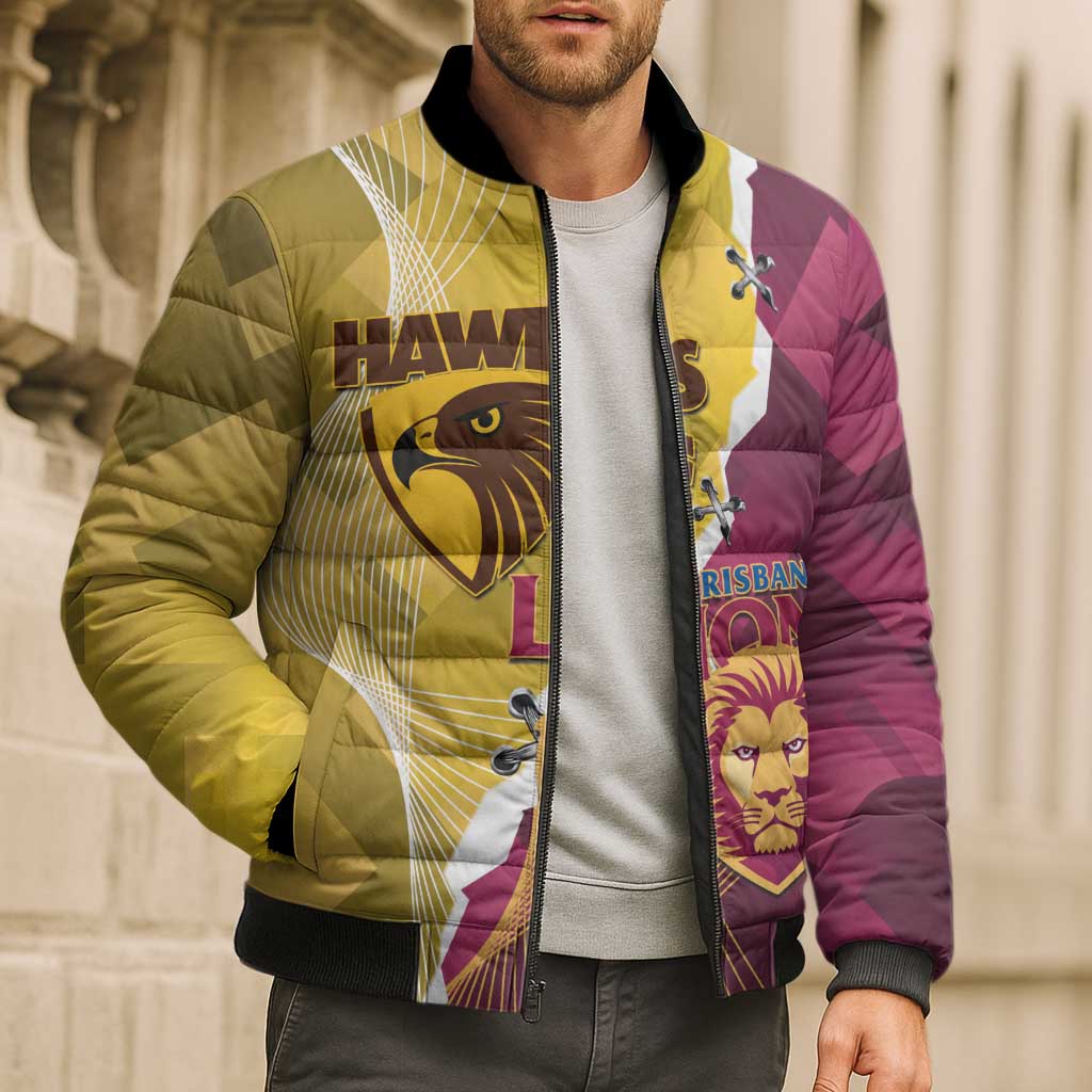 Personalised Hawks and Lions Inspired Bomber Puffer Jacket Dynamic Style - Aussie Hoodie