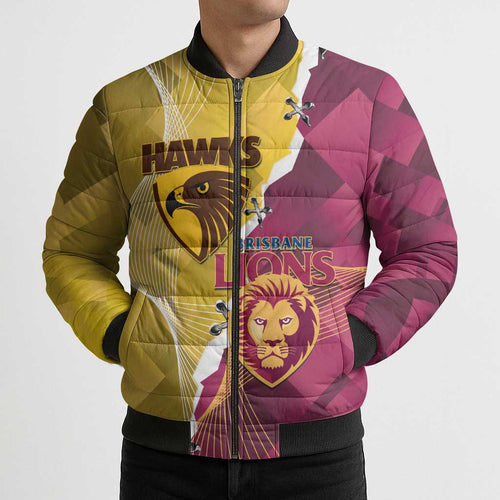 Personalised Hawks and Lions Inspired Bomber Puffer Jacket Dynamic Style - Aussie Hoodie