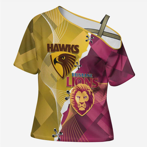 Personalised Hawks and Lions Inspired Cross Shoulder Shirt Dynamic Style - Aussie Hoodie