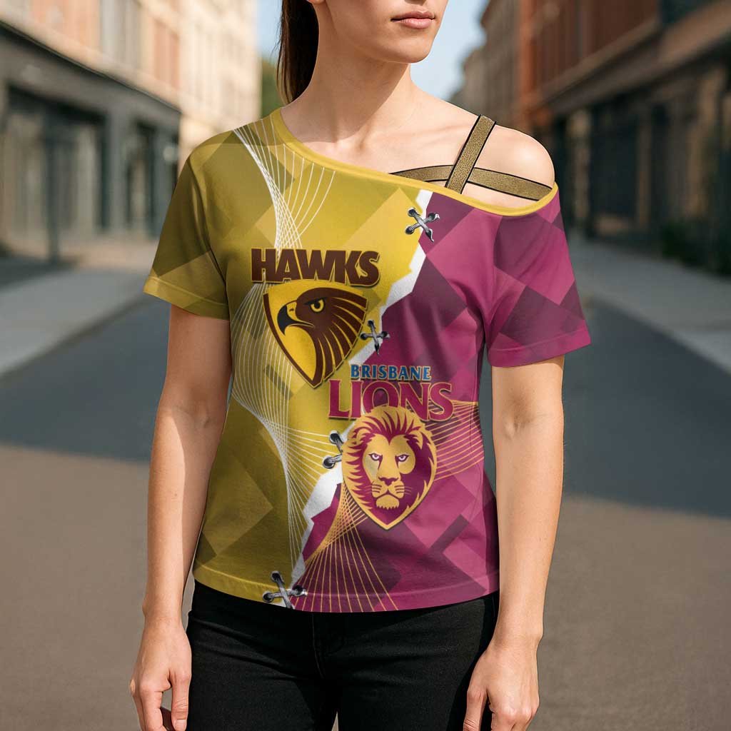 Personalised Hawks and Lions Inspired Cross Shoulder Shirt Dynamic Style - Aussie Hoodie