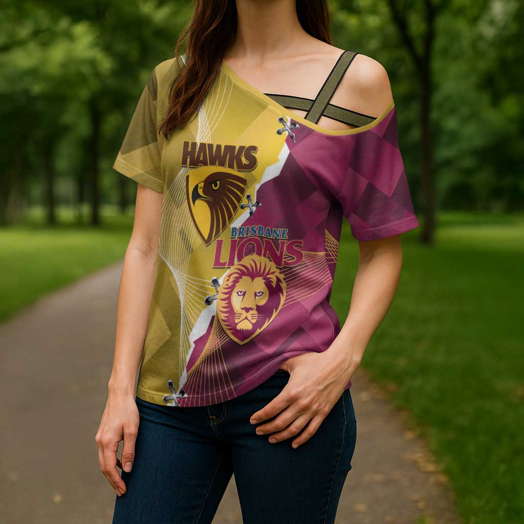 Personalised Hawks and Lions Inspired Cross Shoulder Shirt Dynamic Style - Aussie Hoodie