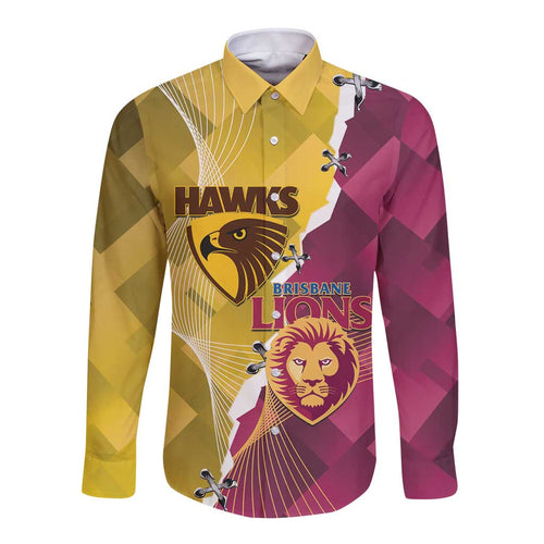 Personalised Hawks and Lions Inspired Long Sleeve Button Shirt Dynamic Style - Aussie Hoodie