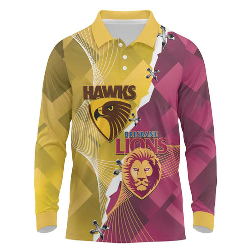 Personalised Hawks and Lions Inspired Long Sleeve Polo Shirt Dynamic Style - Aussie Hoodie