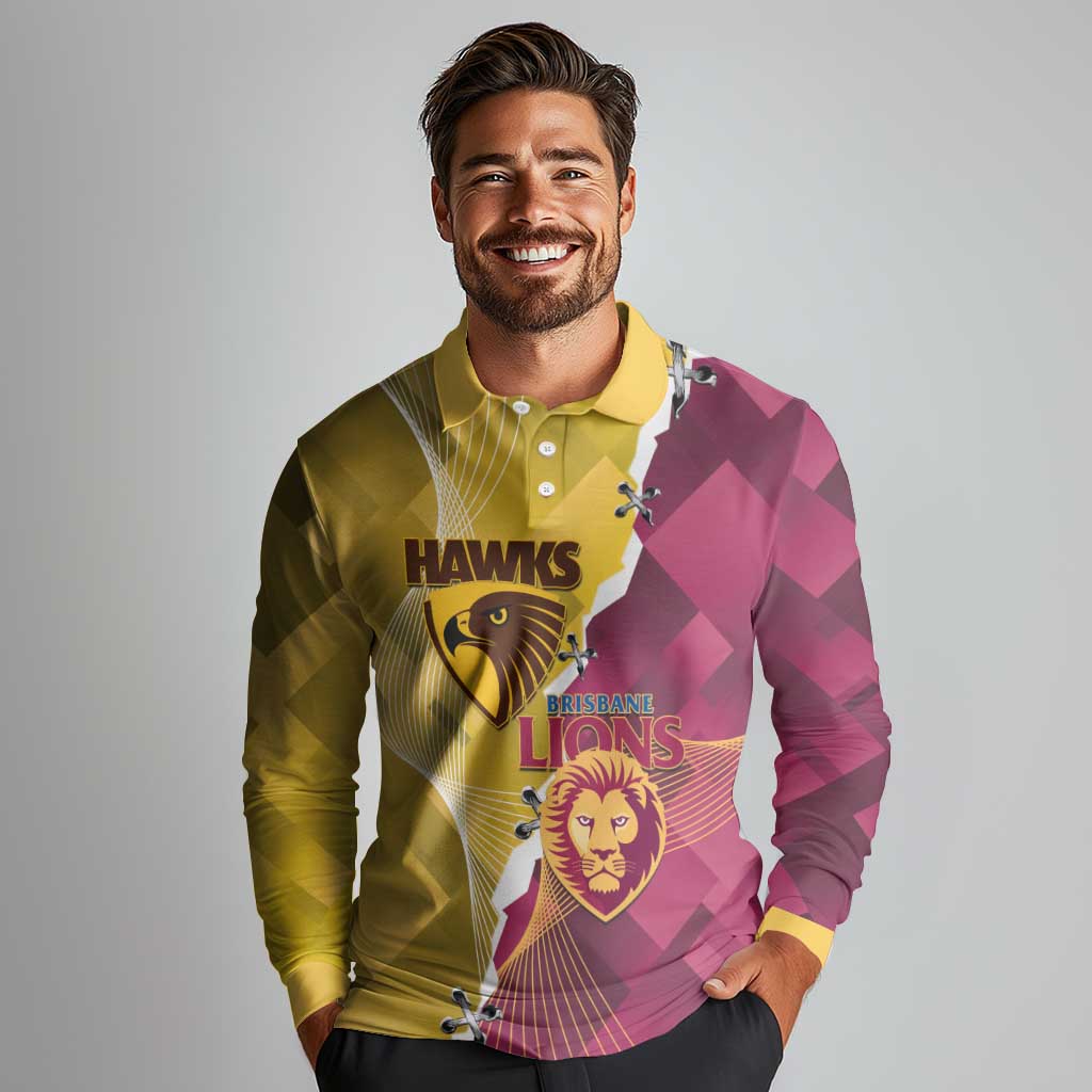 Personalised Hawks and Lions Inspired Long Sleeve Polo Shirt Dynamic Style - Aussie Hoodie